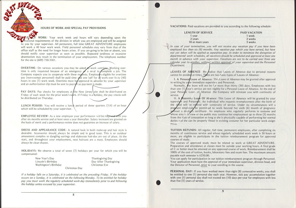 Great Adventure History 1974 Employee Handbook